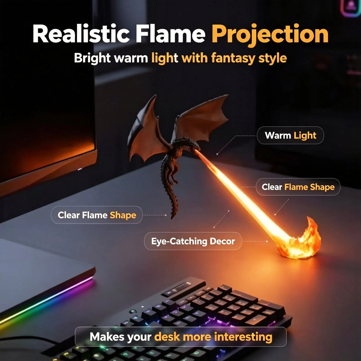 3D Dragon Flame Night Light Halloween Decor LED Flying Dragon Lamp USB Charging 3D Illusion Lamp Desktop Ornament Gift for Kids
