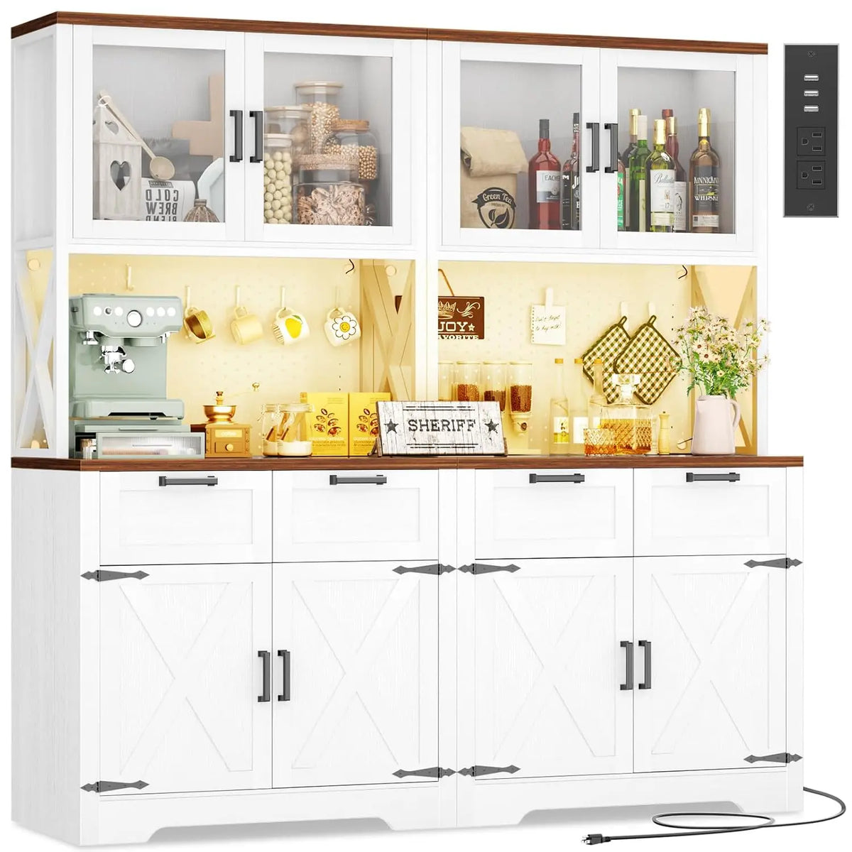 71" Kitchen Pantry Cabinet with LED Light & Outlet, Microwave Stand, Customized