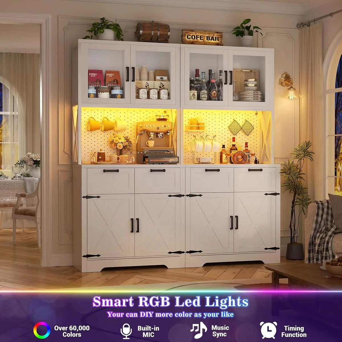 71" Kitchen Pantry Cabinet with LED Light & Outlet, Microwave Stand, Customized