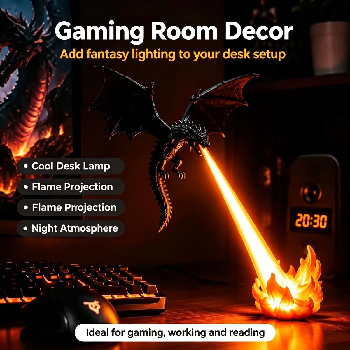 3D Dragon Flame Night Light Halloween Decor LED Flying Dragon Lamp USB Charging 3D Illusion Lamp Desktop Ornament Gift for Kids
