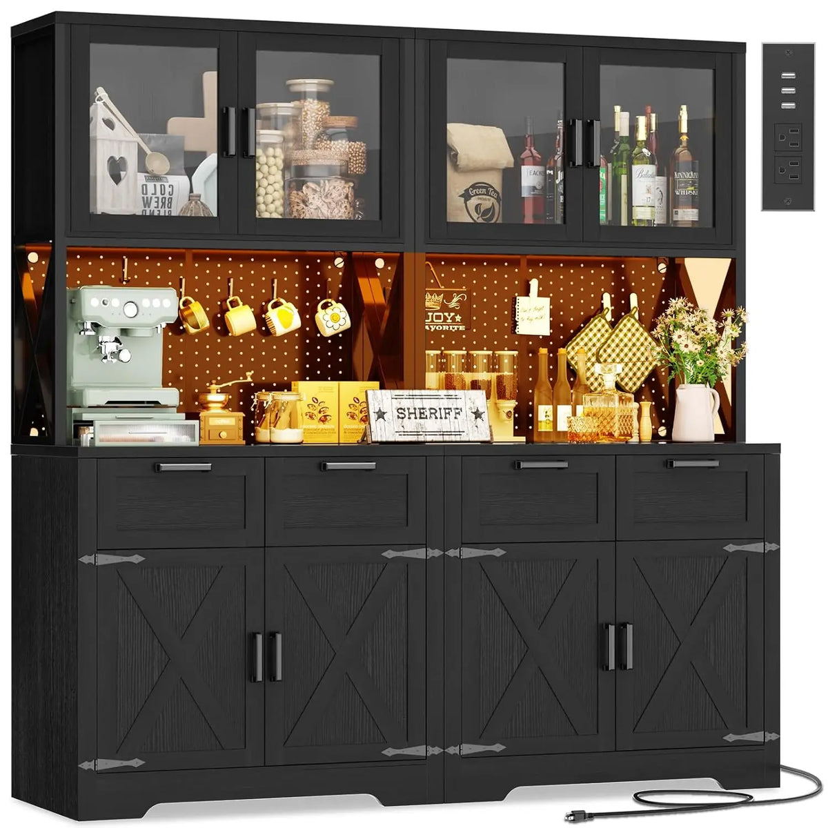 71" Kitchen Pantry Cabinet with LED Light & Outlet, Microwave Stand, Customized