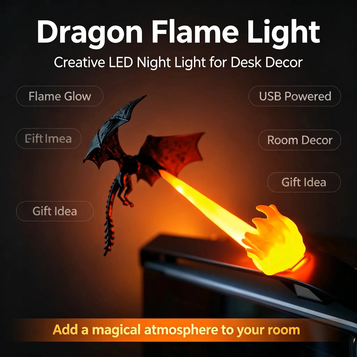 3D Dragon Flame Night Light Halloween Decor LED Flying Dragon Lamp USB Charging 3D Illusion Lamp Desktop Ornament Gift for Kids