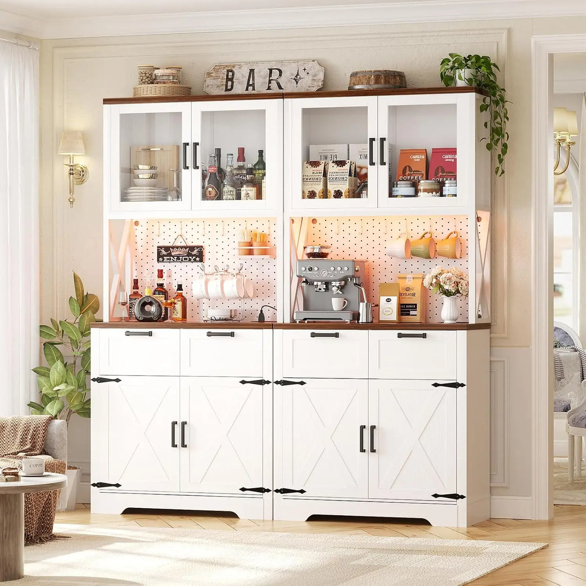 71" Kitchen Pantry Cabinet with LED Light & Outlet, Microwave Stand, Customized