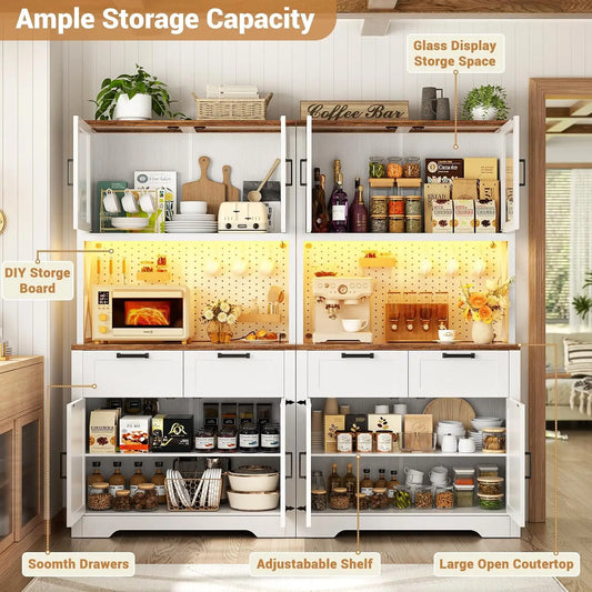 71" Kitchen Pantry Cabinet with LED Light & Outlet, Microwave Stand, Customized