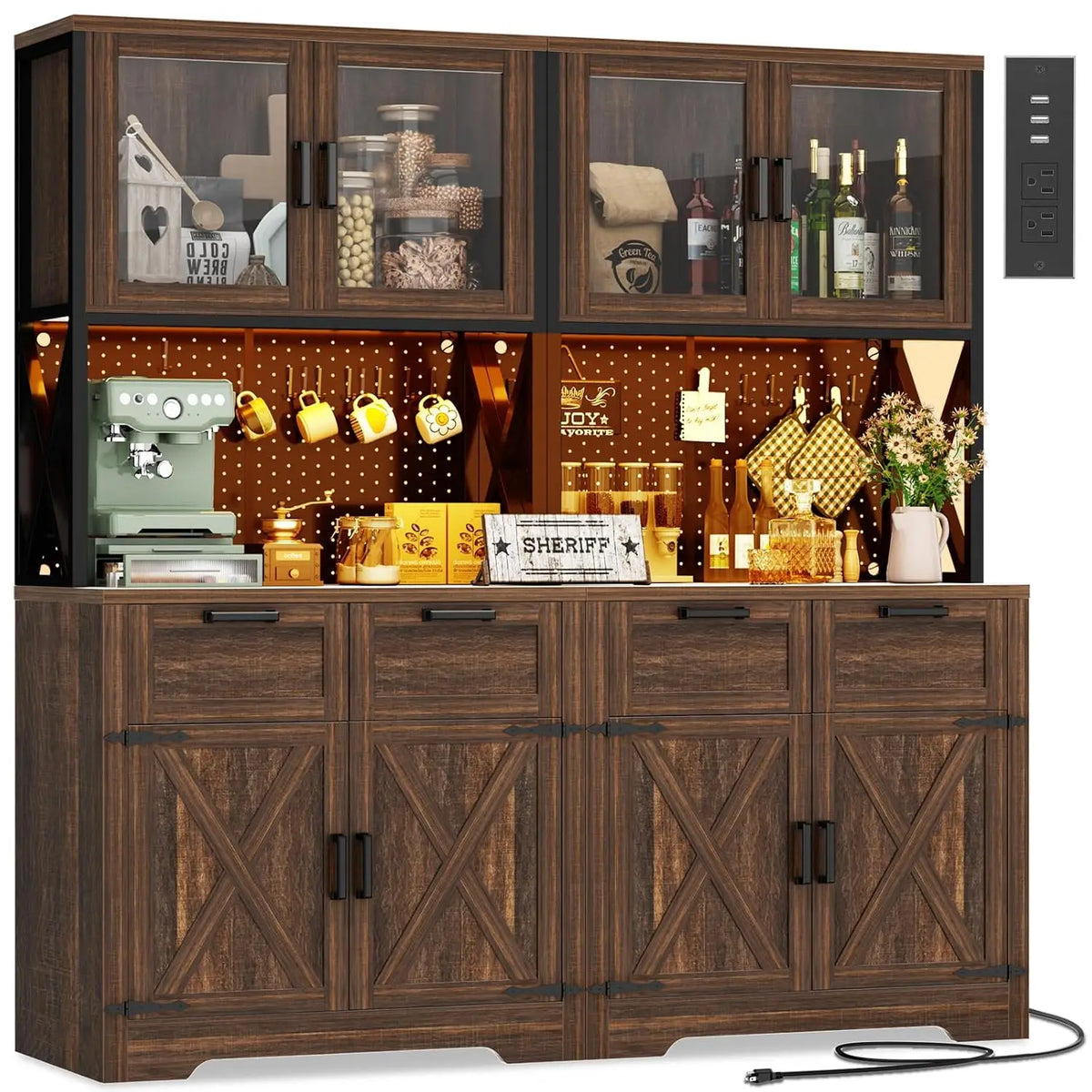 71" Kitchen Pantry Cabinet with LED Light & Outlet, Microwave Stand, Customized