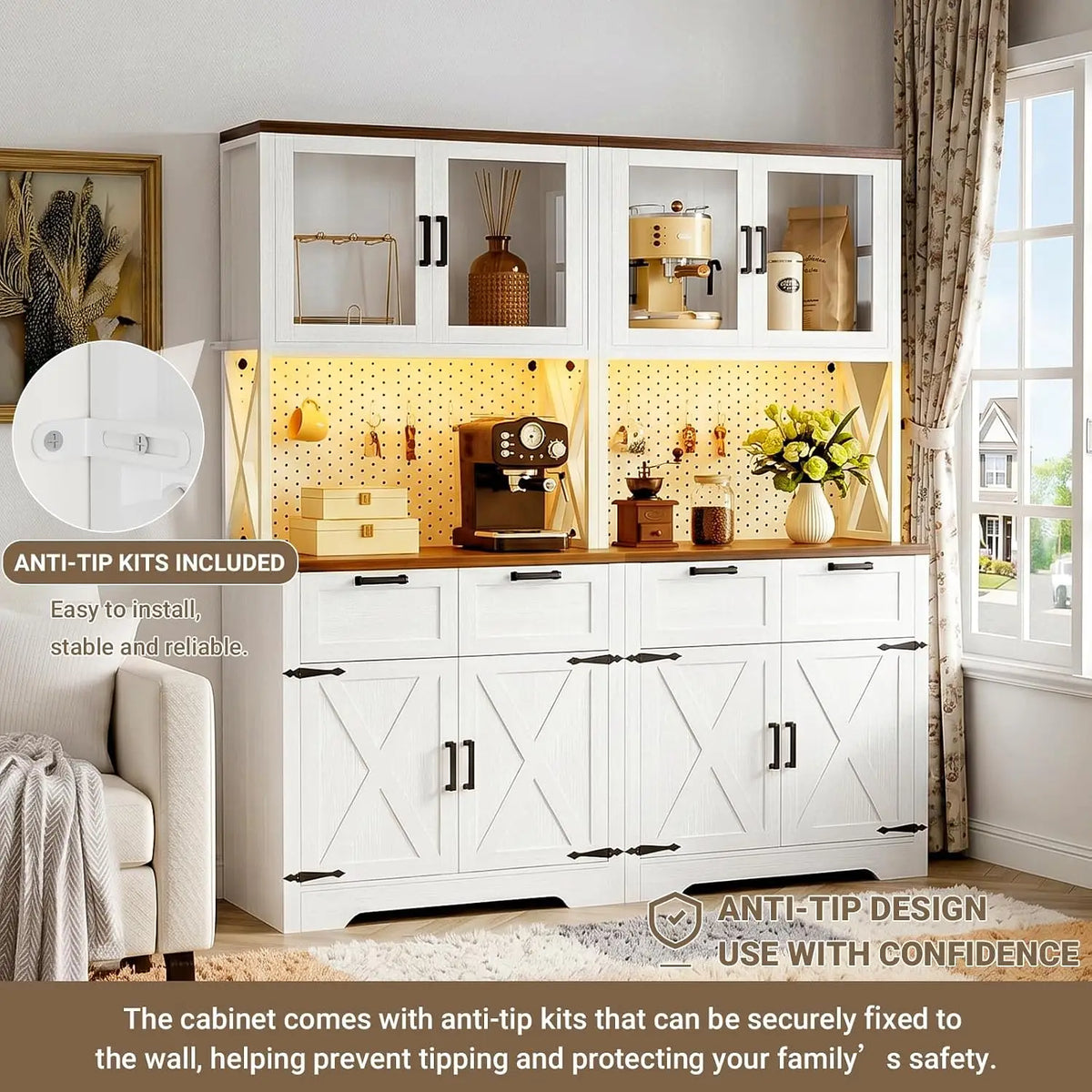71" Kitchen Pantry Cabinet with LED Light & Outlet, Microwave Stand, Customized