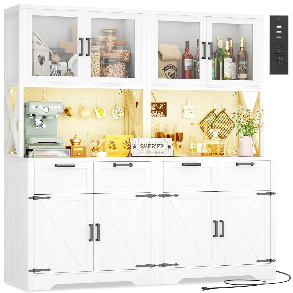 71" Kitchen Pantry Cabinet with LED Light & Outlet, Microwave Stand, Customized
