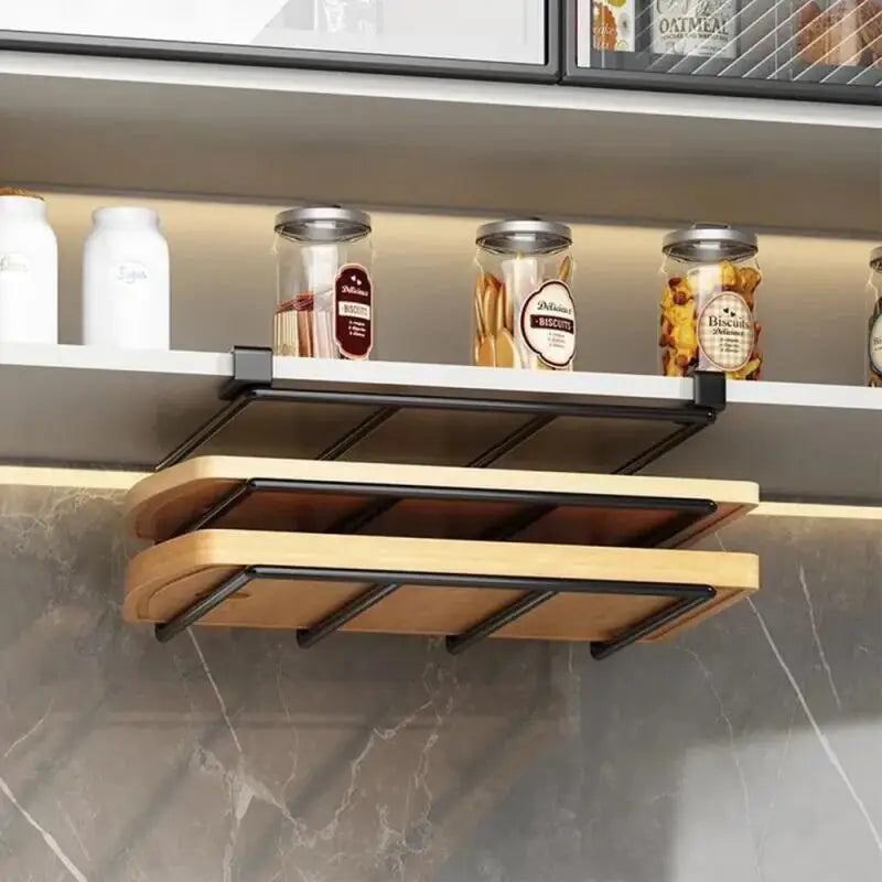 Kitchen Under Cabinet Hanging Organizer Rack with Hooks Multi Purpose Holder for Paper Towel Cutting Board Pot Lids